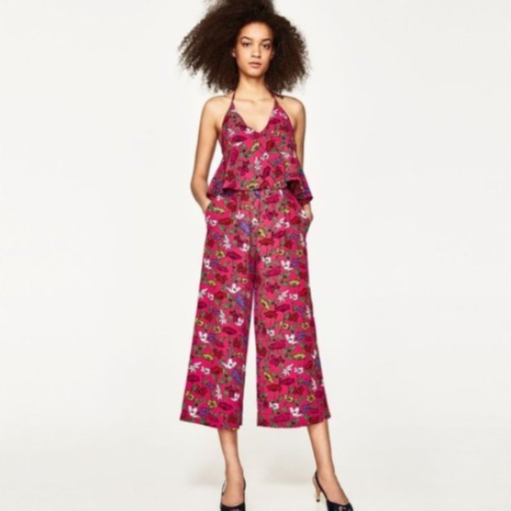 ZARA // hot pink floral halter open back jumpsuit - Picture 4 of 8